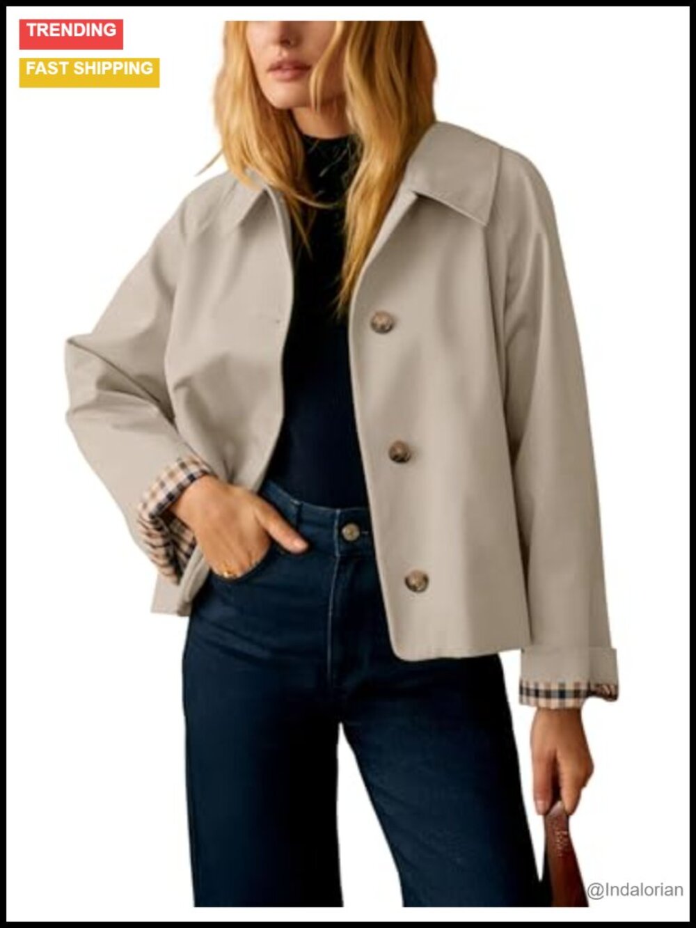 Womens Short Trench Jacket Plaid Lined Button Front Lightweight Casual